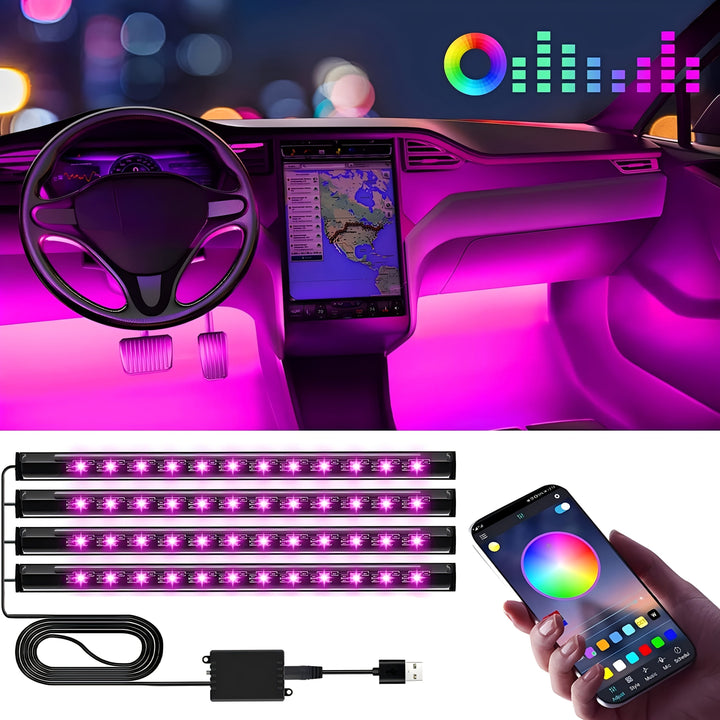 4 luces ambientales para interiores de coche, luces RGB para pies, luces decorativas USB con control remoto, neón LED con ritmo musical, adecuadas para autos y SUVs, regalos considerados