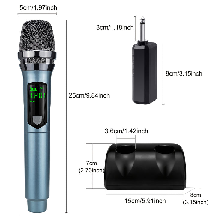 Micrófono sin varillas, Sistema de Micrófonos Dinámicos Manuales Doble con Receptor Recargable y Soporte de Escritorio para Canto, Bodas, Fiestas, Enseñanza