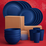 Juego de vajilla azul para 4 personas, incluye platos, tazones y tazas, apto para microondas y lavavajillas, ideal para Navidad, Año Nuevo, Día de San Valentín, cocina, camping, viajes en autocaravana y picnics