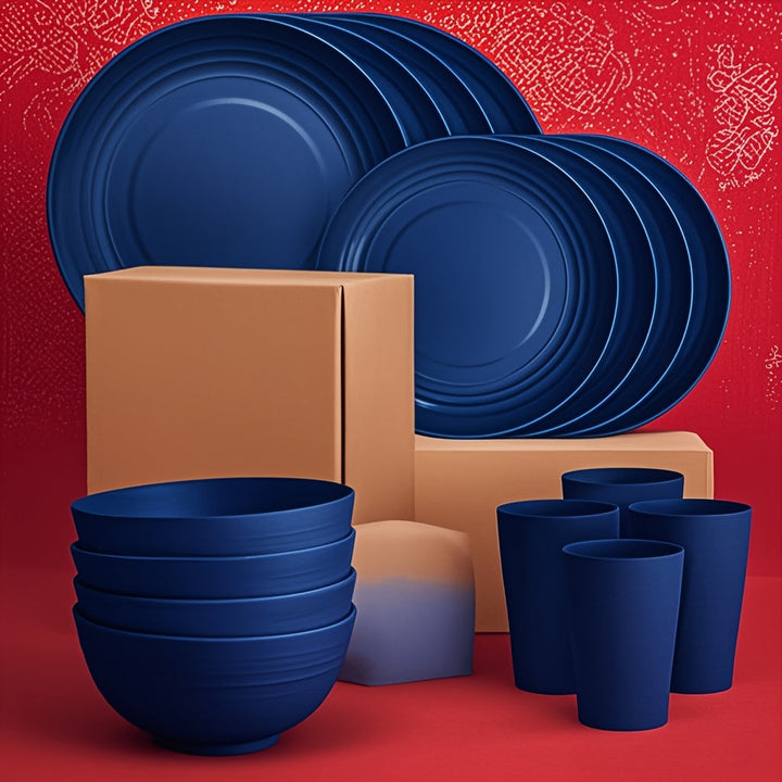 Juego de vajilla azul para 4 personas, incluye platos, tazones y tazas, apto para microondas y lavavajillas, ideal para Navidad, Año Nuevo, Día de San Valentín, cocina, camping, viajes en autocaravana y picnics