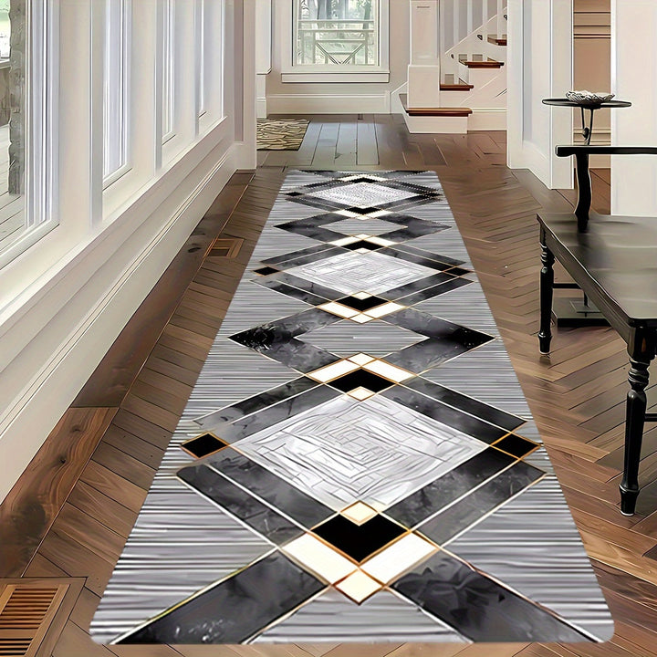Alfombra de Pasillo Largo con Patrón Geométrico Moderno, Lavable a Máquina, Antideslizante, 100% Poliéster, y Blanco con Detalles Dorados, Ideal para Pasillos y Entradas