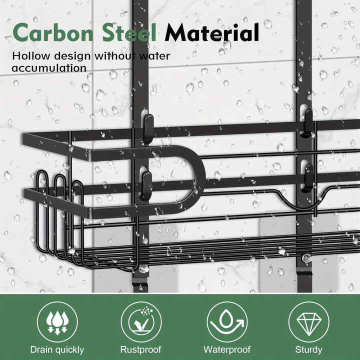 Organizador de Baño Colgante Ajustable de 3 Niveles en Negro con Ventosas - Sin Taladro, con Ganchos y Plato para Jabón, Soporte de Ducha, Cesta