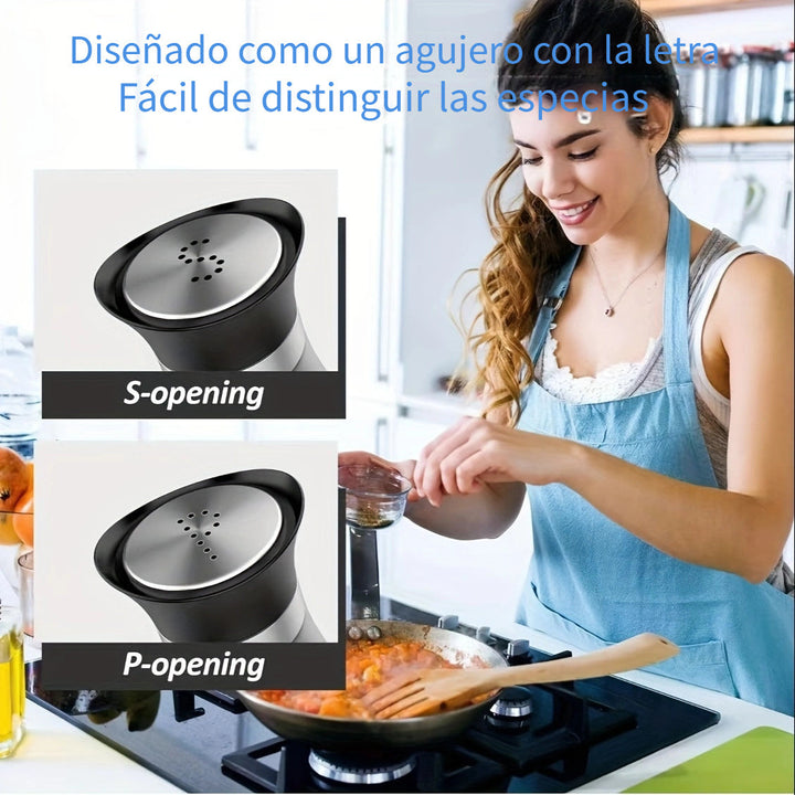 2 piezas por conjunto, un conjunto de sal y pimienta con tapas de acero inoxidable, adecuado para mesas de cocina, RV, camping, barbacoas, botellas de especias rellenables, suministros de cocina y decoración de cocina.