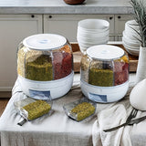 Contenedor Giratorio de Gran Capacidad con Tapa Hermética – Cilindro Plástico Impermeable y Resistente a Insectos para Arroz, Granos, Harina, Comida para Mascotas y Más – Dispensador Fácil de Usar con Botón de Presión, Esencial en la Cocina