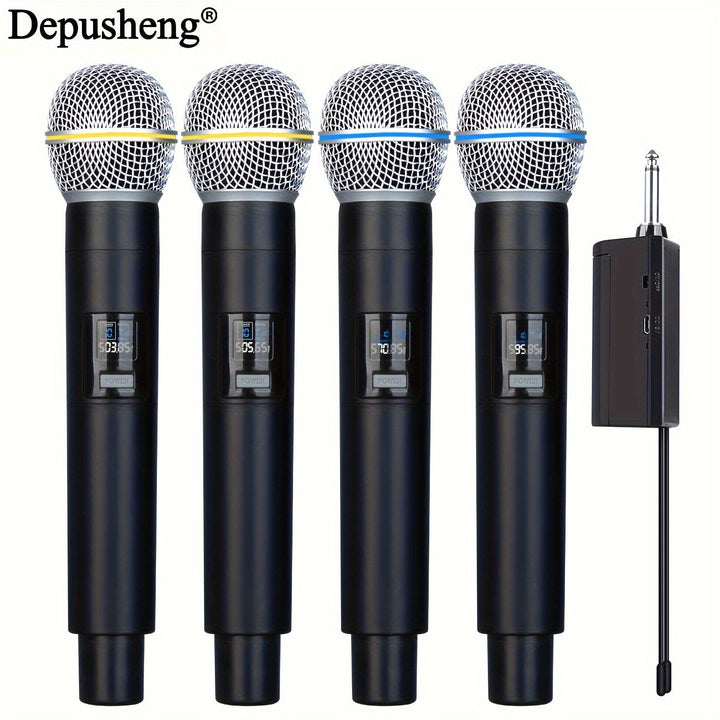 Micrófono Inalámbrico Recargable DEPUSHENG de Doble Canal 4 Canales Plug and Play Adecuado para Karaoke, Cantar, Discursos, Bodas, Sistemas de PA