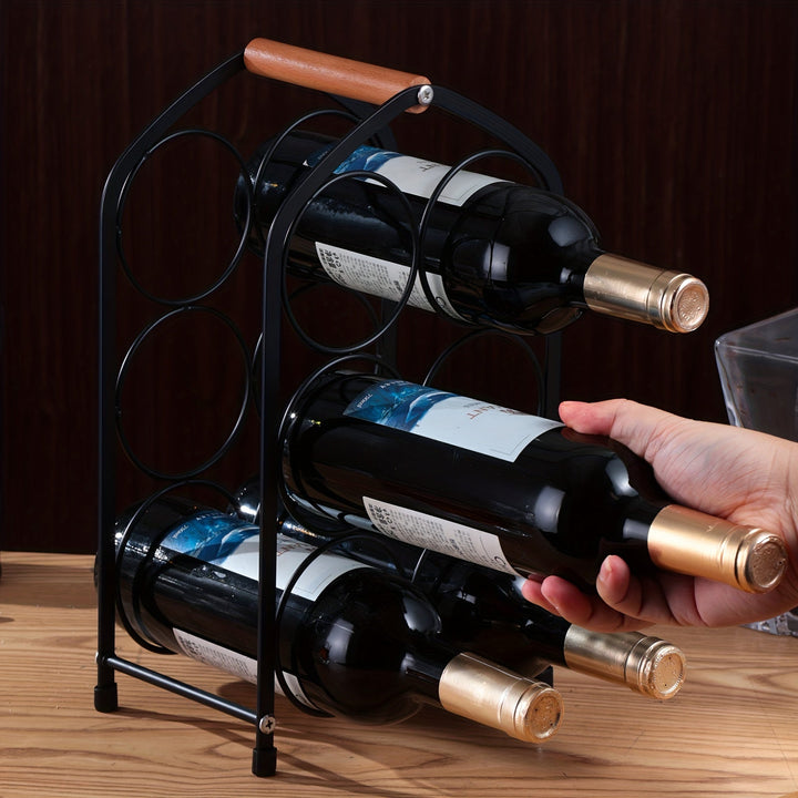 1pc Estante de vino metálico apilable con asa de madera, capacidad para hasta 6 botellas, almacenamiento duradero para barra de hogar y mostrador de cocina