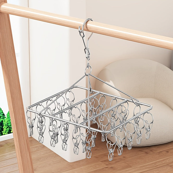 Estante de secado de calcetines de acero inoxidable con 20/30/40 clips, gancho giratorio a prueba de viento para calcetines, sujetadores, ropa interior y accesorios de lavandería, tendederos