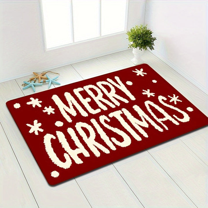 1 alfombra de feliz Navidad con diseño de copo de nieve, antideslizante, lavable a máquina, de poliéster rojo y blanco para decoración navideña interior/exterior, ideal para entrada, baño o fiestas navideñas, decoración de puerta navideña, alfombra de bi