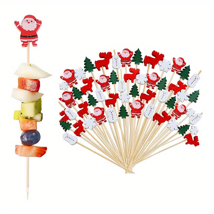 100 piezas, palillos de cóctel navideños festivos - Palitos de madera con copos de nieve, muñecos de nieve, renos y árboles para bebidas navideñas, aperitivos y decoraciones para fiestas.