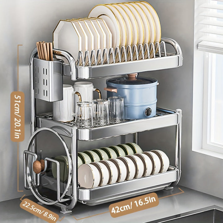 1 juego de escurridor de platos de acero inoxidable 201 grande, con 2 o 3 niveles, soporte para tazas, organizador de utensilios y repisa para escurrir, color plateado, para mesón de cocina