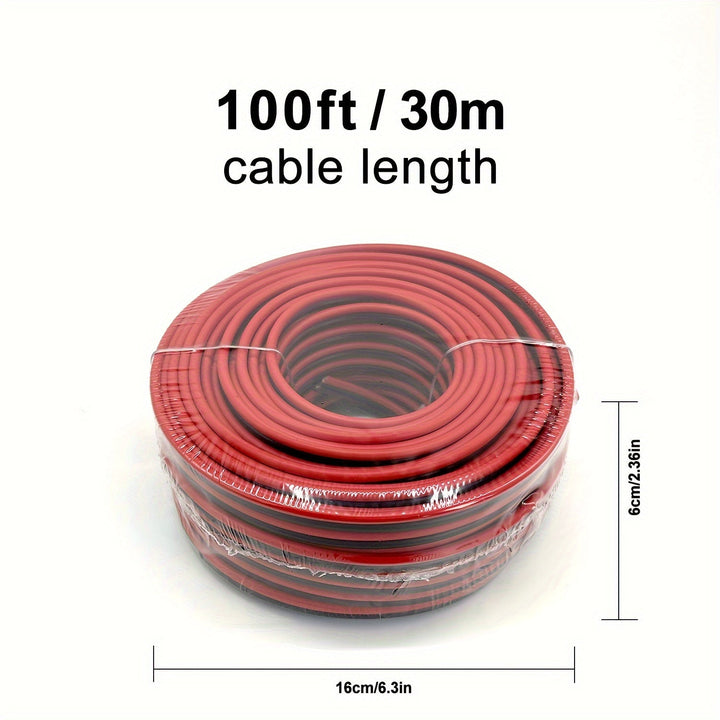 Un rollo de cable de altavoz de 14AWG de doble color rojo y negro, adecuado para sistemas de sonido estéreo, altavoces de cine en casa, sonido envolvente y radios (Nota: Este no es un cable de alimentación y no debe usarse para conexiones de alimentación