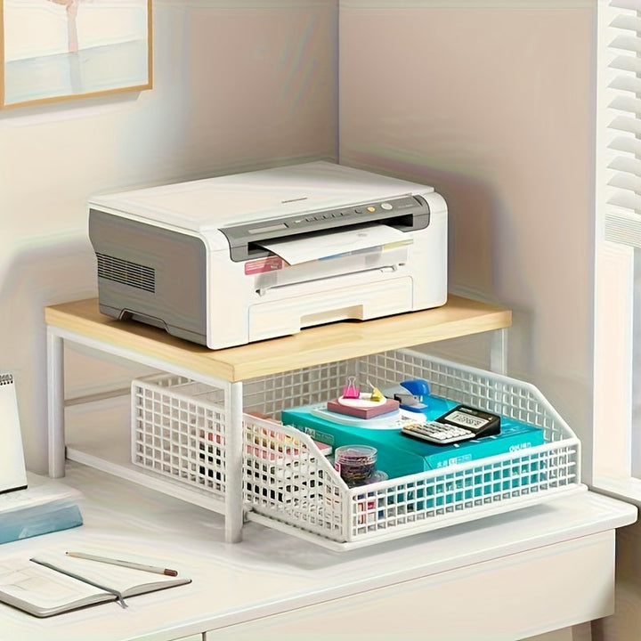 Organizador de Oficina Moderno con 1/2 Cajones - Estante de Madera Sólida y Metal Ahorrador de Espacio, para Impresoras, Electrónicos y Utensilios - Diseño Independiente, Fácil Montaje, Sin Necesidad de Energía