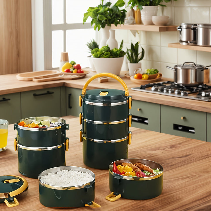 1 Lonchera grande de acero inoxidable de 3 niveles, contenedor de comida reutilizable y portátil con asa dorada para camping, picnics y uso en la cocina - Solución de almacenamiento de alimentos, esenciales para picnic, lonchera elegante y duradera