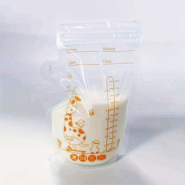 100 bolsas de almacenamiento de leche materna PP transparentes de 8 oz/250 ml, con pico vertedor, doble sellado, perfil plano y base autosoportable para refrigeración y congelación