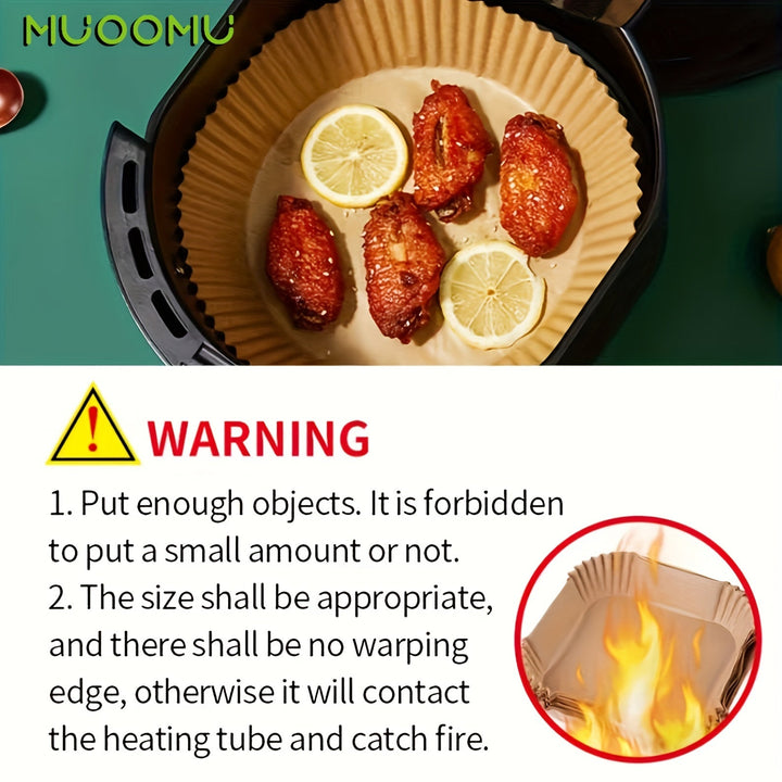 MUOOMU 50/100/150/200 piezas de papel para horno de aire frito cuadrado, papel desechable para hornear, suministros de cocina para el hogar, 5,00 mm de espesor, resistente al agua, papel de pergamino perforado para cocinar de manera saludable, hornear y