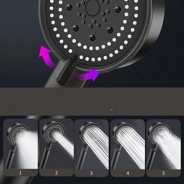 Un cabezal de ducha portátil con soporte y manguera, con 5 modos de flujo de agua ajustables, boquilla de ducha para baño, cabezal de ducha, accesorios de hardware para baño y suministros para baño.