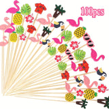 100/200 unidades Accesorios de bebidas de cóctel de bambú, piña de playa Tucán hoja de palma hecha a mano, con sombrilla de bambú para pinchos de cóctel, para aperitivos, fiestas hawaianas, bodas y cumpleaños