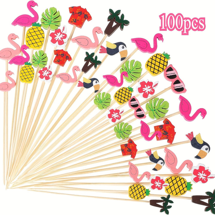 100/200 unidades Accesorios de bebidas de cóctel de bambú, piña de playa Tucán hoja de palma hecha a mano, con sombrilla de bambú para pinchos de cóctel, para aperitivos, fiestas hawaianas, bodas y cumpleaños