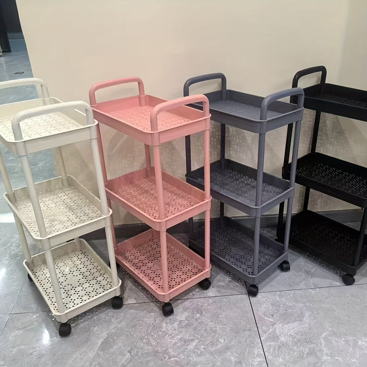 1 pieza de 3/4/5 niveles, carrito de almacenamiento rodante ajustable con asas, ruedas giratorias silenciosas de 360°, ganchos para baño, cocina, dormitorio, organización de sala de estar - Organizador multiusos duradero de plástico, blanco/pink/negro/gr