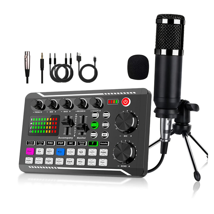 Kit de equipo para podcast, micrófono condensador BM800 con transmisión por cable (sin función inalámbrica), trípode y mezclador de sonido profesional F998 para grabación de voces, locución, transmisiones en vivo, podcast y juegos en el estudio