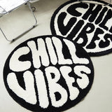 1pc Alfombra Redonda de Vibra Chill, 10mm de grosor de fibra de poliéster, sin resbalones con sujeción de fieltro, para dormitorio y sala de estar, solo lavable a mano, negro y blanco