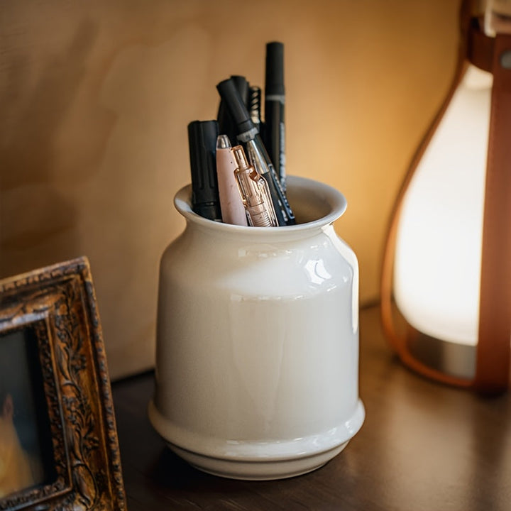 1pc Recipiente de Cerámica Blanca - Organizador Minimalista con Boca Afilada para Utensilios de Cocina, Palillos, Tenedores y Bolígrafos - Contenedor Multiusos Decorativo, Almacenamiento Elegante para Utensilios, Diseño Liso y Acabado Suave