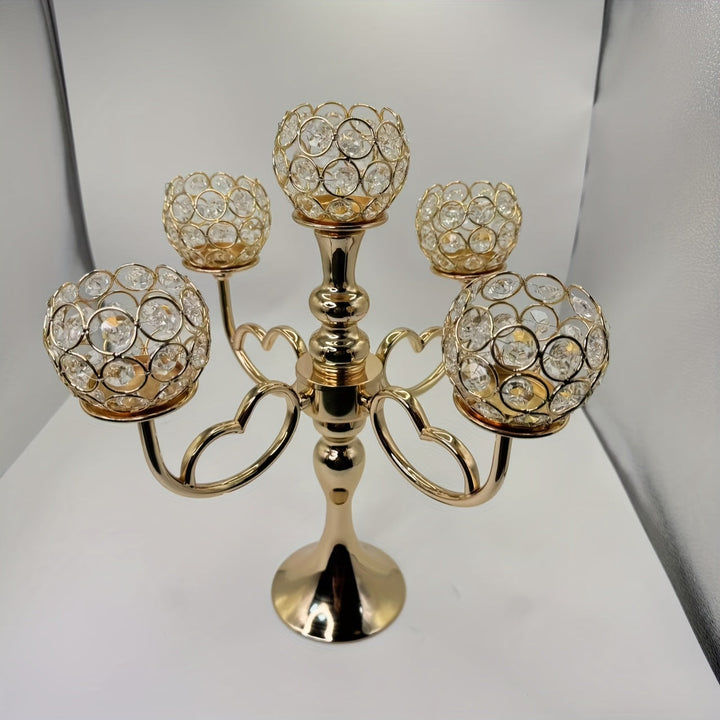 Candelabro de 5 cabezas con cristal dorado - Elegante decoración de mesa para bodas, cumpleaños y cenas románticas, accesorio de comedor romántico | Candelabro de cristal | Base metálica duradera, soporte de velas de cristal