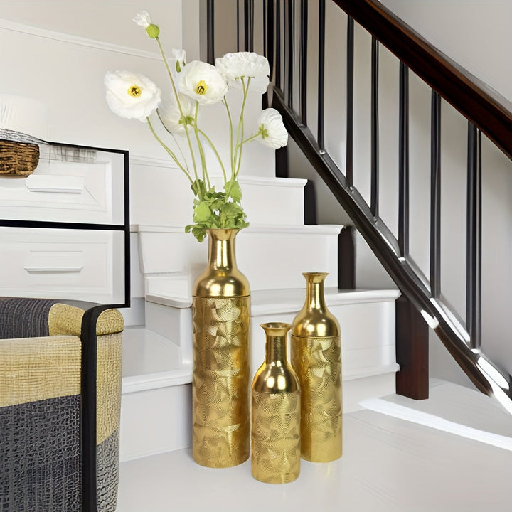 3 modernos jarrones de suelo de metal decorativos de lujo dorado con un toque de alta gama adecuados para flores artificiales en el hogar, hotel y oficina.