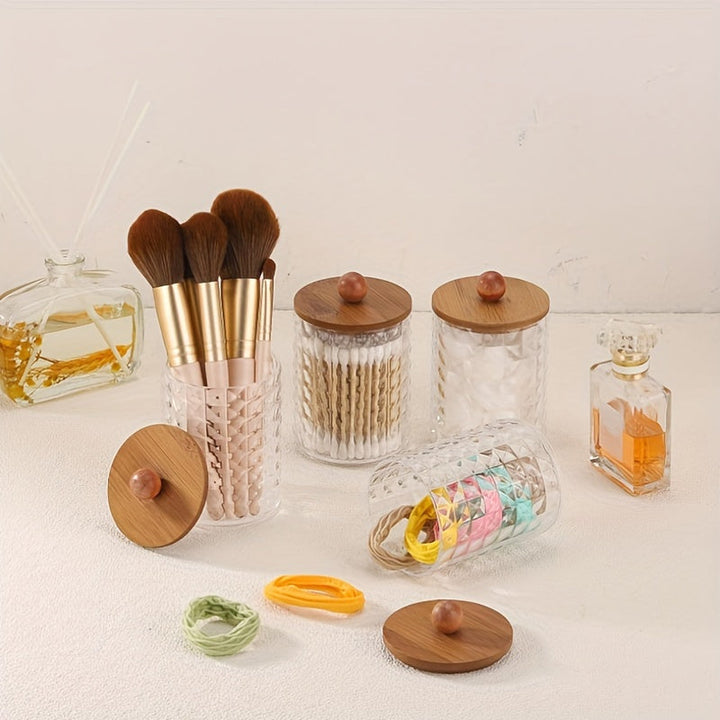 4 frascos dispensadores para bolas de algodón, hisopos, discos redondos y palillos de hilo dental - Frasco de plástico de 10 oz con tapa marrón para organización en el baño