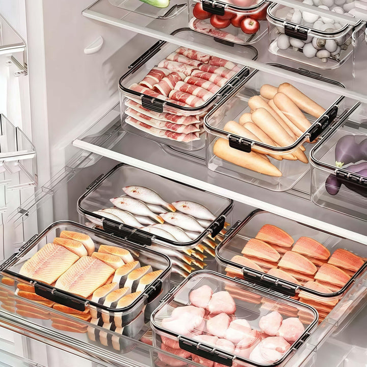 Juego de 3 Piezas de Contenedores para Refrigerador de Tres Tamaños, Recipientes Transparentes de Material Acrílico Premium Sellados, Aptos para Frutas, Verduras, Carne, Granos y Más, Cajas Multifuncionales para Conservación del Alimento en el Hogar