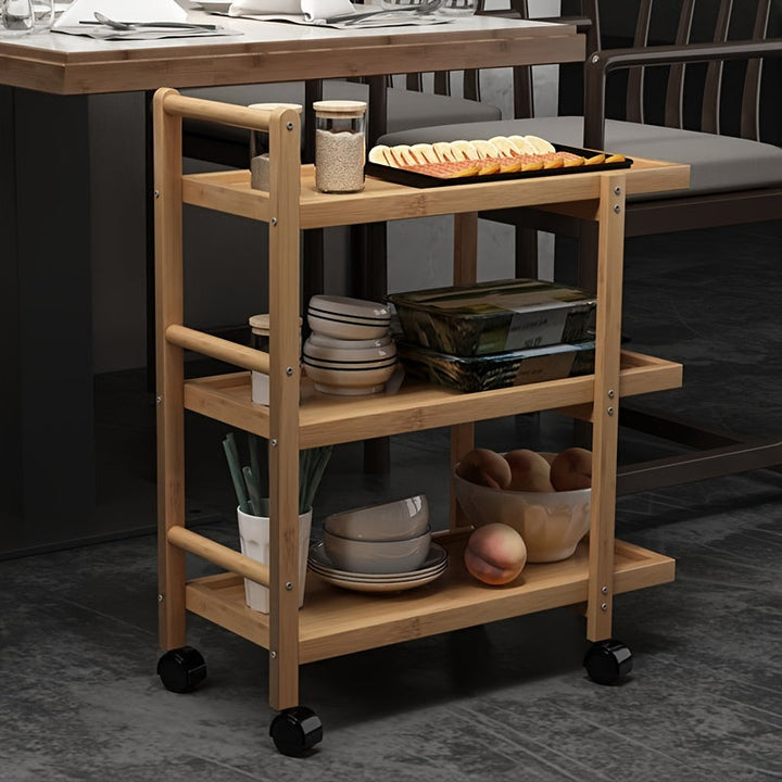 Carrito de almacenamiento de cocina de bambú versátil - Organizador de estanterías multifuncional, independiente, con ruedas para hogares y restaurantes de hot pot, impermeable, forma rectangular, 3 estantes para ingredientes y utensilios de cocina, esta