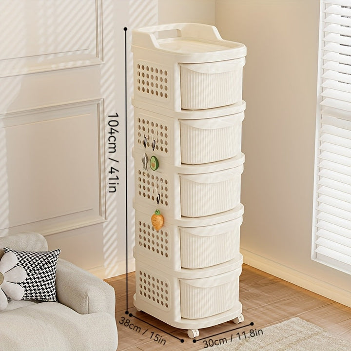 Un estante de almacenamiento grande y móvil estilo carrito, un armario de almacenamiento escalonado para artículos de bebé, un armario de almacenamiento tipo cajón, y un armario de almacenamiento de juguetes engrosado para salas de estar en casa.