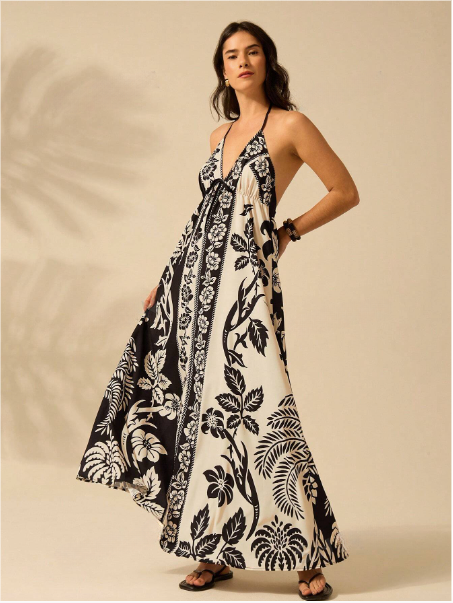 Vestido maxi casual de verano para la playa con estampado bohemio tropical de flores y árboles de coco, tirantes de espagueti y cordones, para mujer