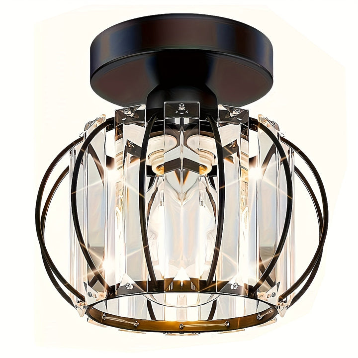 1 Lámpara de Techo Semi-Encajada Pequeña con Cristales, Luz de Jaula Metálica Estilo Granja para Iluminación Interior en Salón Pasillo Baño Entrada Cocina, Bombilla E26 No Incluida