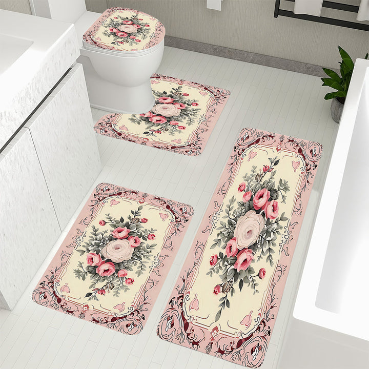 Juego de 4 Alfombrillas de Baño con Estampado de Rosas Rosas - Antideslizantes, de Franela Suave, Alfombrillas Cómodas con Diseño Floral Intrincado para Decoración del Hogar, Decoración de Baño y Accesorios