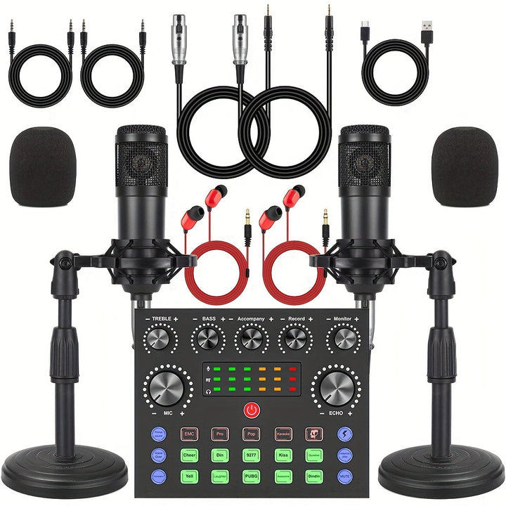 Paquete de equipo de podcast para 2, V8s Audio Interface con tarjeta de sonido en vivo todo en uno y micrófono condensador BM800, micrófono de podcast, perfecto para grabaciones, transmisiones en vivo.