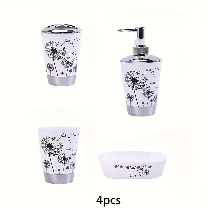 Juego de Baño Diente de León de 4 Piezas en Blanco y Negro - Incluye Dispensador de Jabón, 2 Tazas y Bandeja de Almacenamiento - Ideal para Regalar y Mejorar la Decoración del Hogar