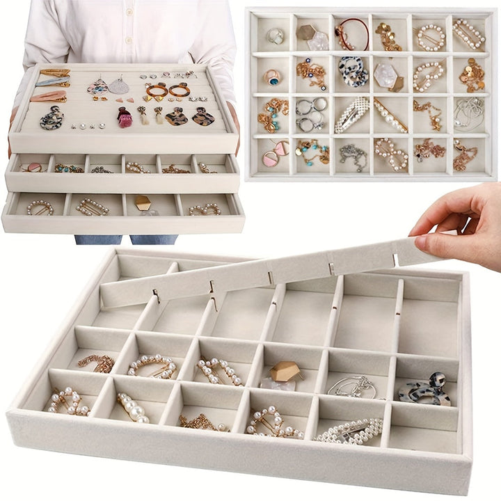 Caja organizadora de joyas de terciopelo plegable - Blanco desgastado, caja de exhibición rectangular para escritorio para anillos, pendientes, collares - Almacenamiento de papel multifuncional con montaje en mesa, almacenamiento de organizador de joyas,