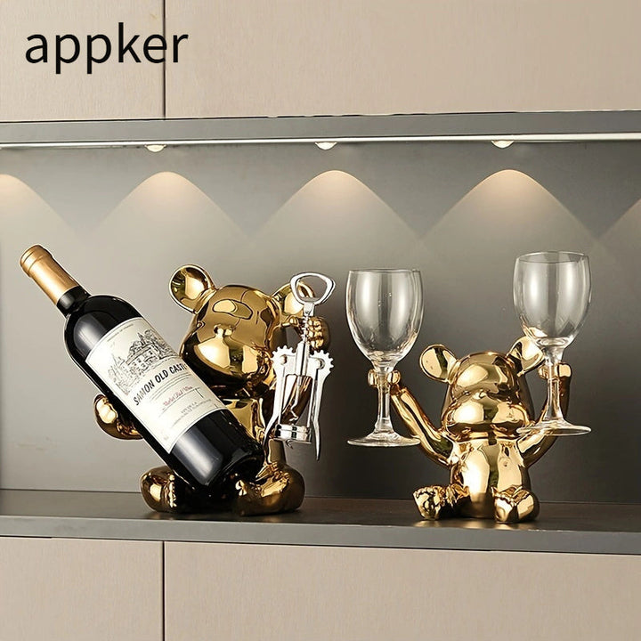 Estante de vino de oso de dibujos animados de terracota Appker con abridor de botellas integrado, exhibición de almacenamiento decorativo de cerámica para la sala de estar, decoración de cocina de bar en casa