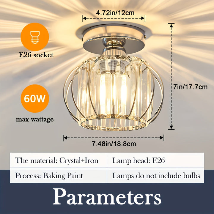 1 Lámpara de Techo Semi-Encajada Pequeña con Cristales, Luz de Jaula Metálica Estilo Granja para Iluminación Interior en Salón Pasillo Baño Entrada Cocina, Bombilla E26 No Incluida