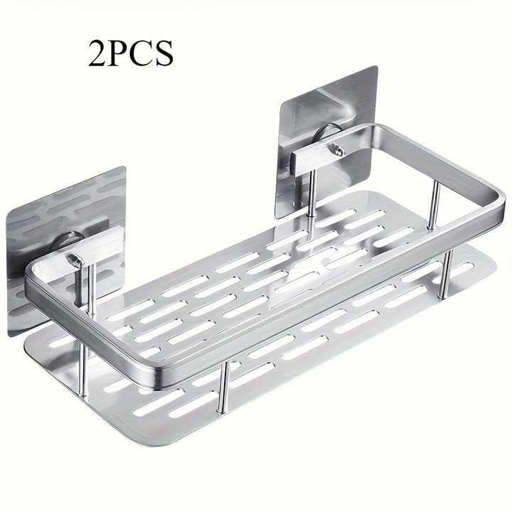 2 piezas de estantes de ducha autoadhesivos sin taladro - Soporte de almacenamiento de baño y cocina montado en la pared, aleación de aluminio duradera, acabado negro elegante, ganchos organizadores de ducha resistentes a la oxidación, adecuados para duc