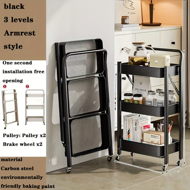 Carrito de Almacenamiento Plegable Metálico de 3 Niveles con Ruedas - Sin Necesidad de Ensamblaje, Ideal para Cocina, Sala y Oficina, Perfecto para Libros, Snacks, Frutas, Verduras y Organización del Hogar