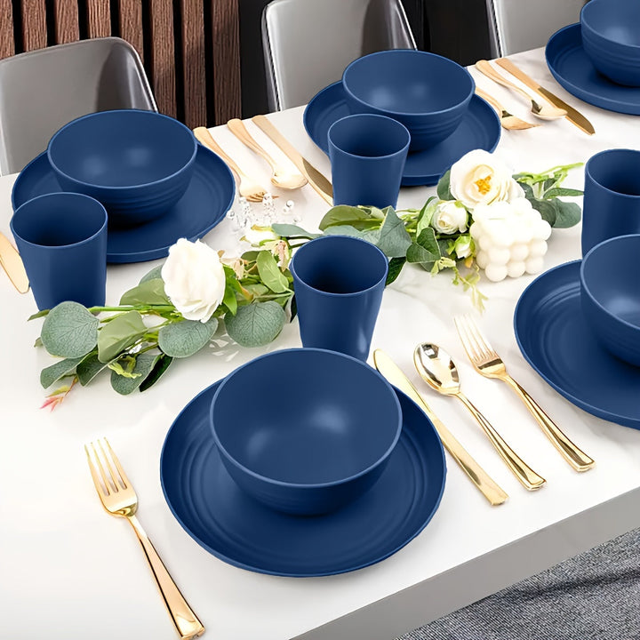 Juego de vajilla azul para 4 personas, incluye platos, tazones y tazas, apto para microondas y lavavajillas, ideal para Navidad, Año Nuevo, Día de San Valentín, cocina, camping, viajes en autocaravana y picnics