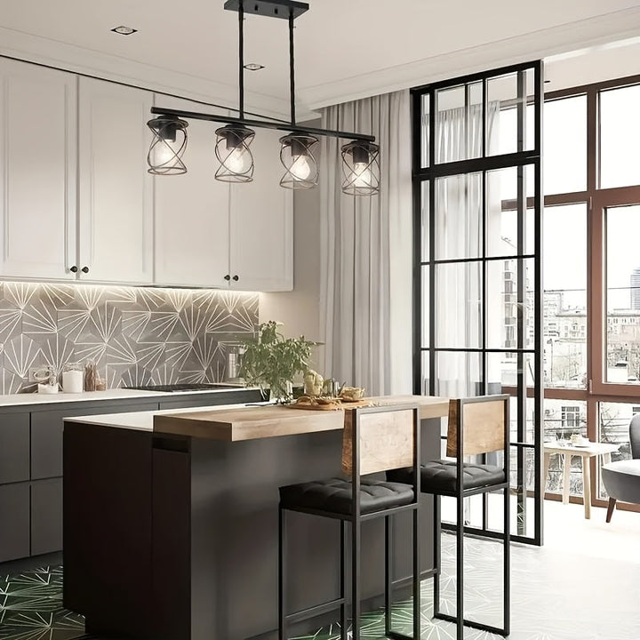 Iluminación de isla de cocina medieval moderna con poste ajustable y jaula metálica negra, adecuada para hoteles, salones, comedores y entradas de pasillos (bombillas no incluidas)
