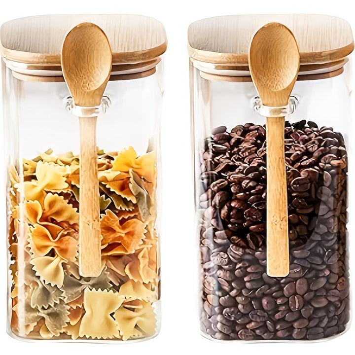 Juego de 2, 3 o 4 frascos de vidrio herméticos con cuchara y tapa de bambú - Recipientes de cocina a prueba de fugas ideales para granos, hojas de té, granos de café y especias - Perfectos para organizar la despensa