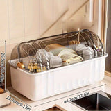 Gabinete de almacenamiento de platos y tazas de plástico para cocina, con estante de drenaje de platos y tazas a prueba de polvo, con tapa y ranura de almacenamiento de vajilla, gabinete multifuncional de almacenamiento de platos y tazas con placa de dre