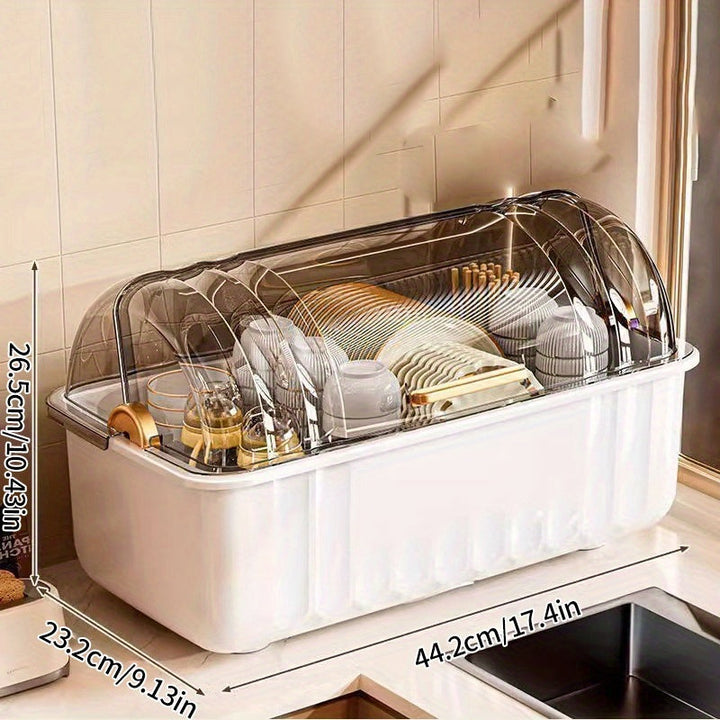 Gabinete de almacenamiento de platos y tazas de plástico para cocina, con estante de drenaje de platos y tazas a prueba de polvo, con tapa y ranura de almacenamiento de vajilla, gabinete multifuncional de almacenamiento de platos y tazas con placa de dre