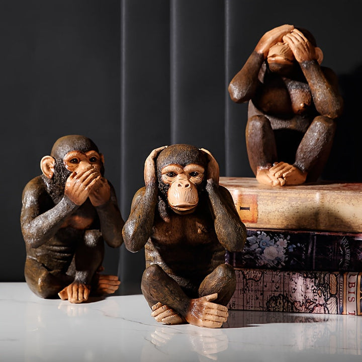 Juego de 3 figuras realistas de chimpancé, estatuas decorativas de resina para interior y exterior