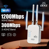 Amplificador de señal Wi-Fi, super fuerte, 1200 Mbps doble banda 2.4 y 5Ghz, extiende hasta 8500 pies cuadrados, Wi-Fi de alta penetración, conecta hasta 35 dispositivos, configuración simple con una sola tecla, 4 antenas omnidireccionales, soporte de pu