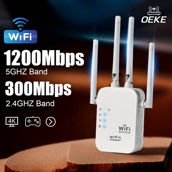 Amplificador de señal Wi-Fi, super fuerte, 1200 Mbps doble banda 2.4 y 5Ghz, extiende hasta 8500 pies cuadrados, Wi-Fi de alta penetración, conecta hasta 35 dispositivos, configuración simple con una sola tecla, 4 antenas omnidireccionales, soporte de pu
